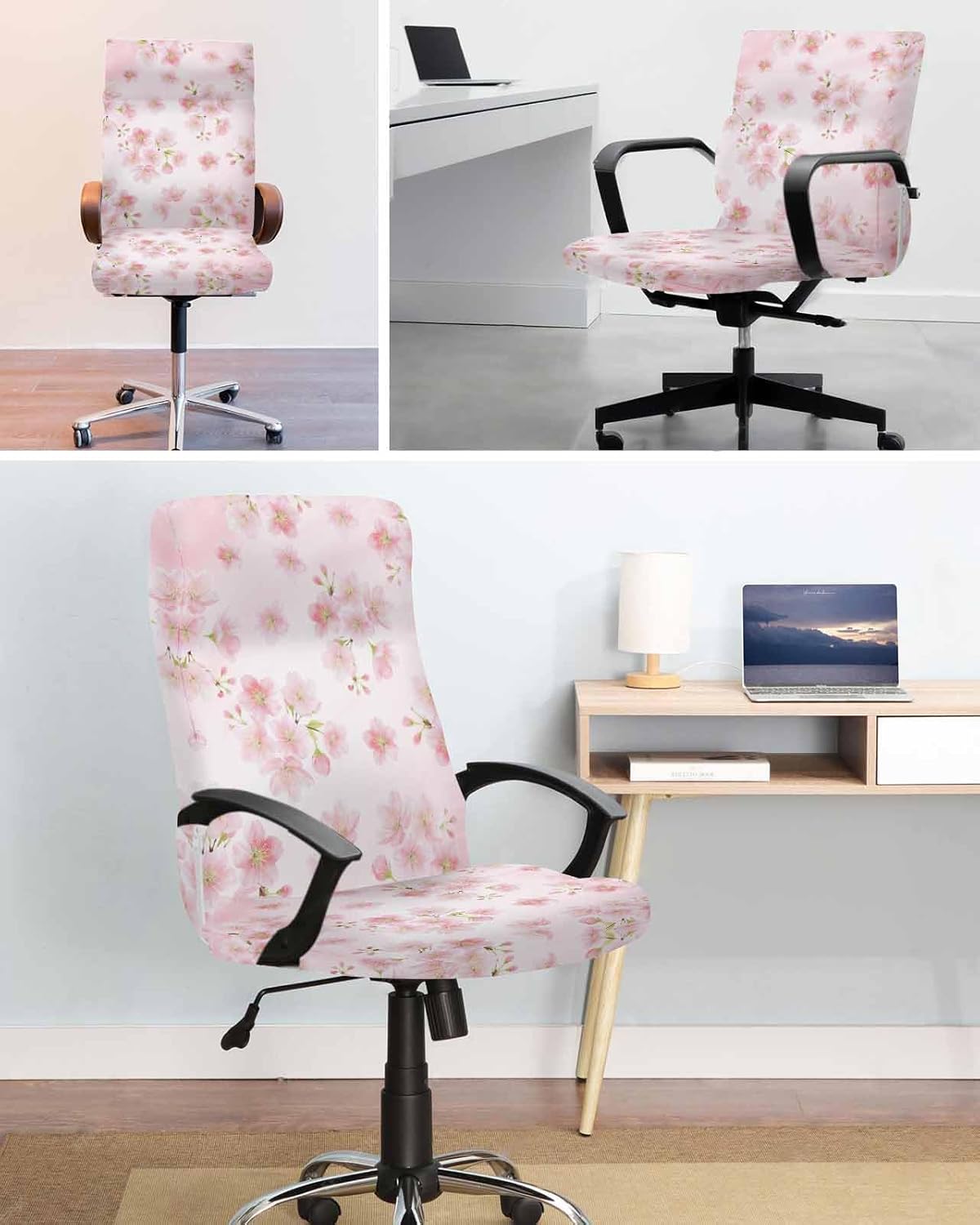DecorLovee Pink Spring Floral Office Chair Covers Stretchable Computer Gaming Chair Cover, Watercolor Cherry Blossom Universal Desk Chair Covers Removable Rotating Chair Slipcover with Zipper, S