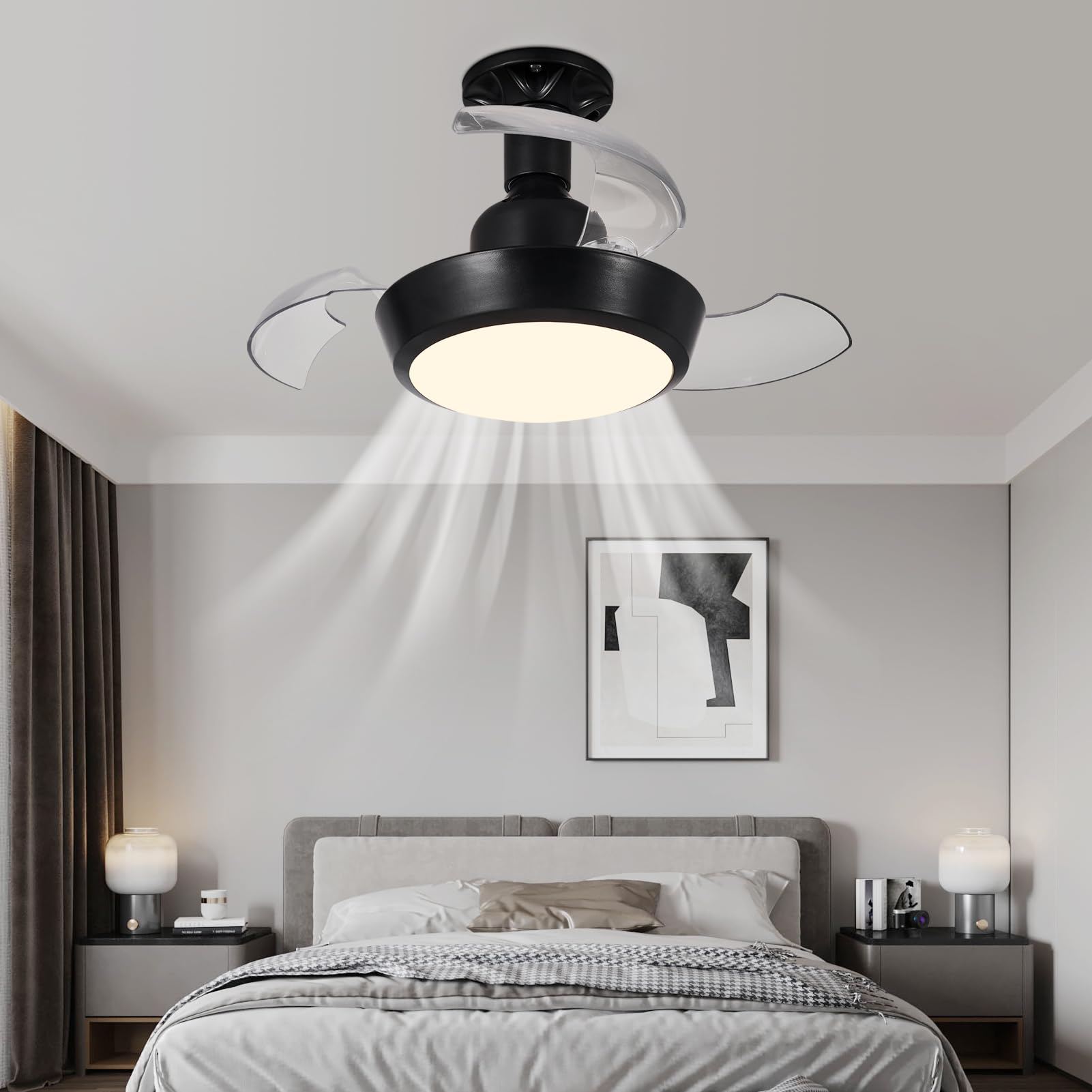 HARPER LIVING Ventilador de Techo Pequeño con Luz y Mando a Distancia, Lámpara con Ventilador de Rosca E27 y 3 Aspas Retráctiles, Bombilla LED de 30 W, 1400 lm, 3CCT, 3 Velocidades, Negro