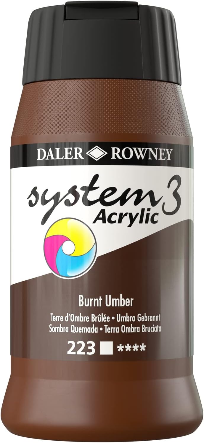 Daler Rowney System3 Acrylic Paint, Plastic Pot, 16.91oz - 500 ml, Burnt Umber