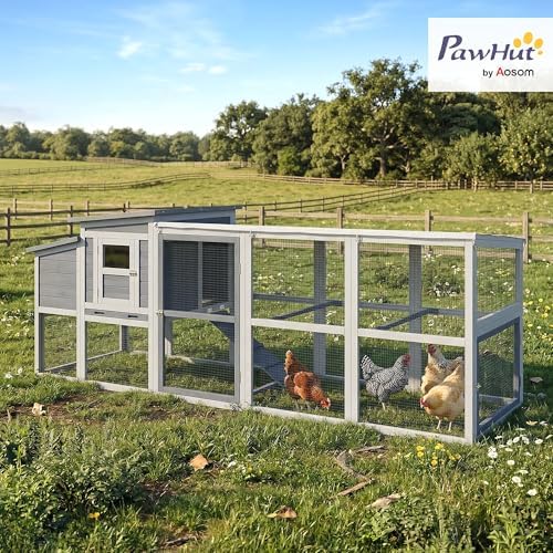PawHut Large Chicken Coop, 104" L Wooden Hen House with Covered Run, Nesting Box, Pull-Out Tray, Opening Asphalt Roof, Rabbit Hutch with Roosting Bars and Ramp for 3-4 Hens - 1