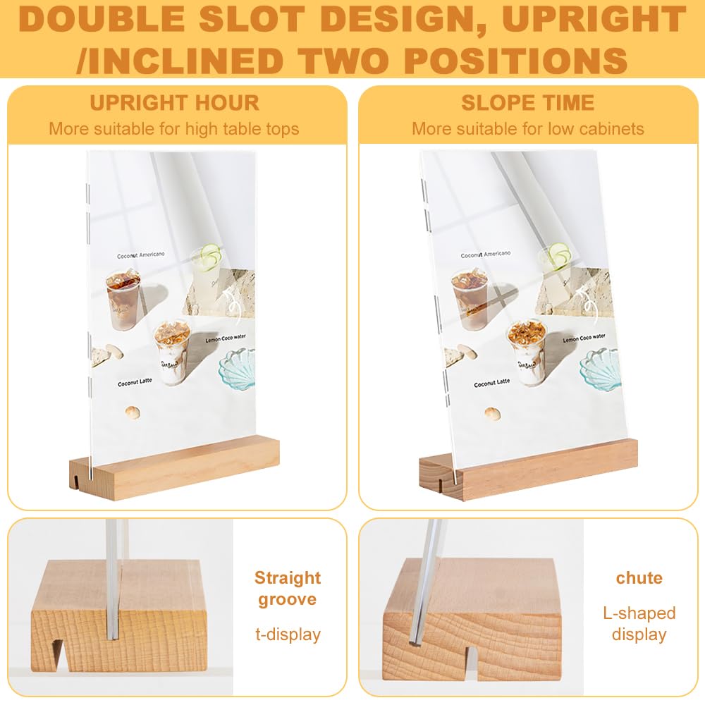 3 Pezzi Espositore in Plexiglass Trasparente A5 con Base in Legno – Porta Menu per Ristoranti, Hotel, Uffici – Cornice A5 Bifacciale (Verticale/Obliqua) (A5-4pezzi-A)