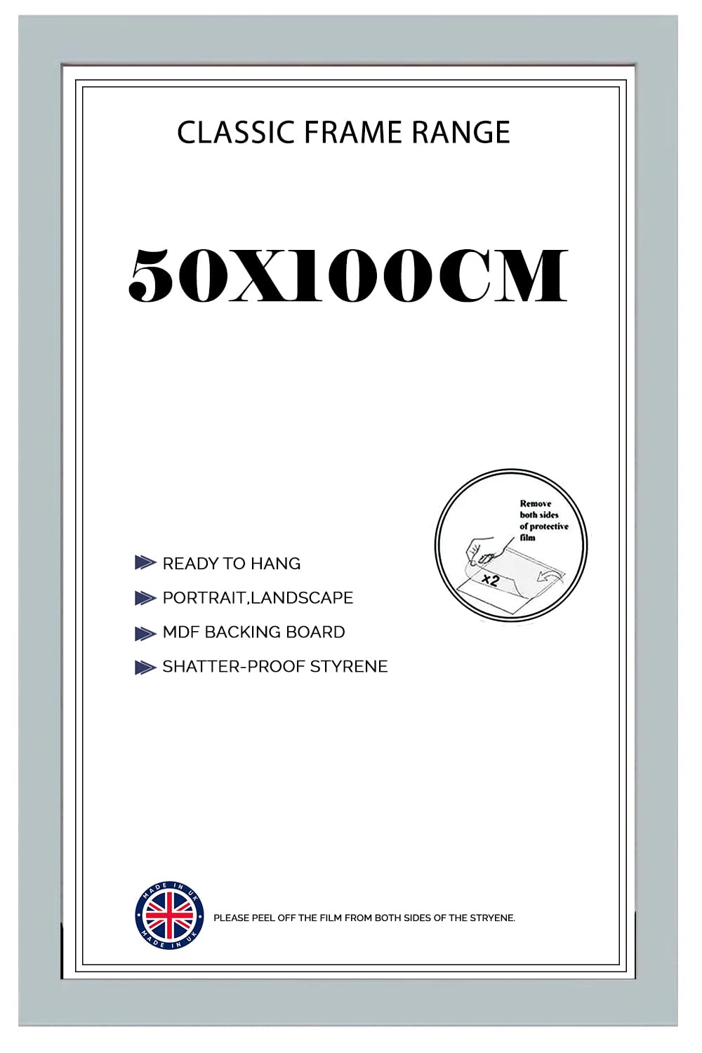 Flat Silver Poster Frame 50x100 cm | MDF Wooden | Modern Decorative Photo & Art Frame | Shatter-Proof Front