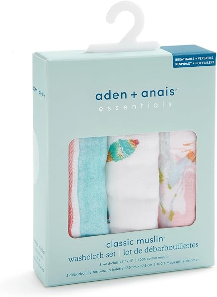 aden + anais essentials エイデンアンドアネイエッセンシャルズ ウォッシュクロス アイスクリーム オーガニック 3枚 セット ガーゼハンカチ コットン タオルハンカチ 27.5cm×27.5cm 出産祝い WCADAEEWCC30020 - 1
