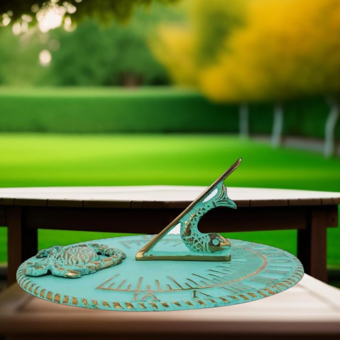 Sundial Crab Verdigris Finish Brass 10" inch | Dia Vintage Sundial Clock for Garden & Yard with Amazing Ocean Color