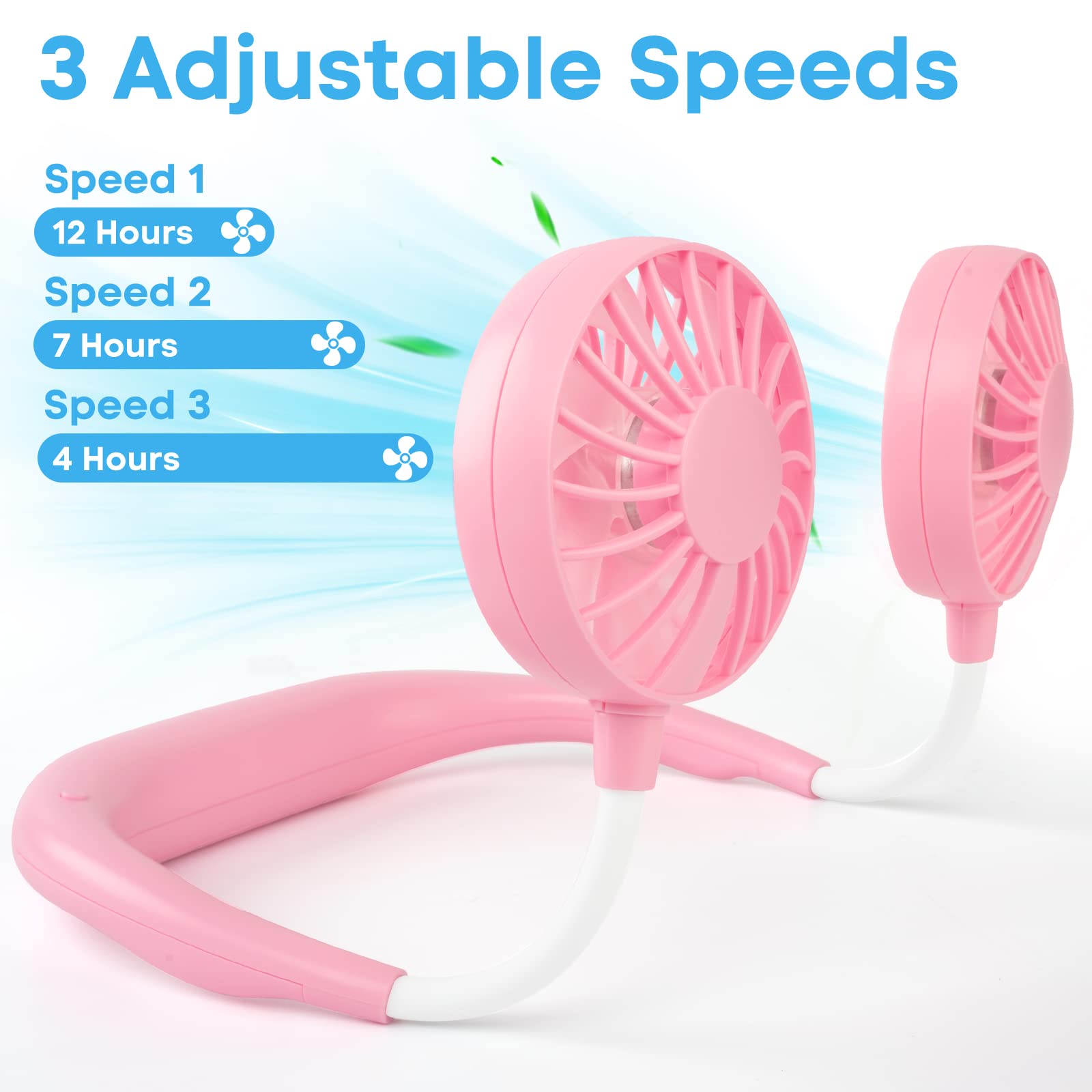 Ventilatore Da Collo Portatile 2600 MAh, Mani Libere, 7 Pale Per Lato, 3 Velocità, Con Luce LED, Per Outdoor