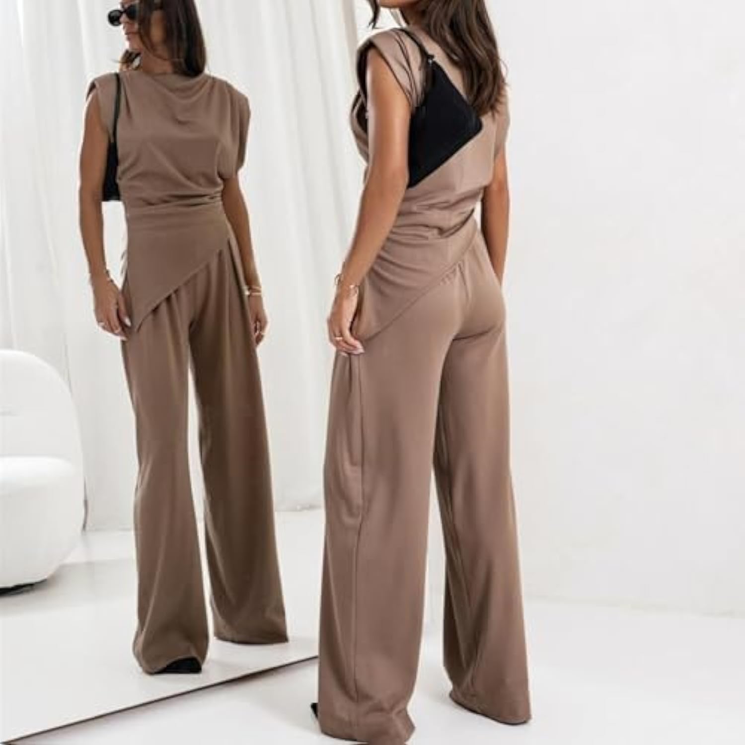 Costume décontracté à col rond et manches plissées pour femme, couleur unie, col ras du cou irrégulier, pantalon large avec poche