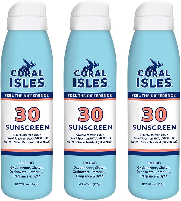 Coral Isles Protetor Solar Corporal em Spray SPF 30, sem oxibenzona e octinoxato, 3 frascos de 177 mL