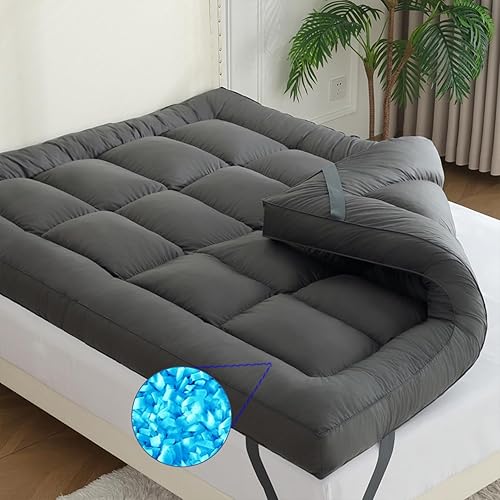 WhatsBedding 5 Inch Memory Foam Mattress Topper Queen Size, Filled with Shredded Foam & Goose Feather, 100% Cotton Cover Feather Bed Topper, 4 Layers Design, CertiPUR-US Certified, Grey, 60x80