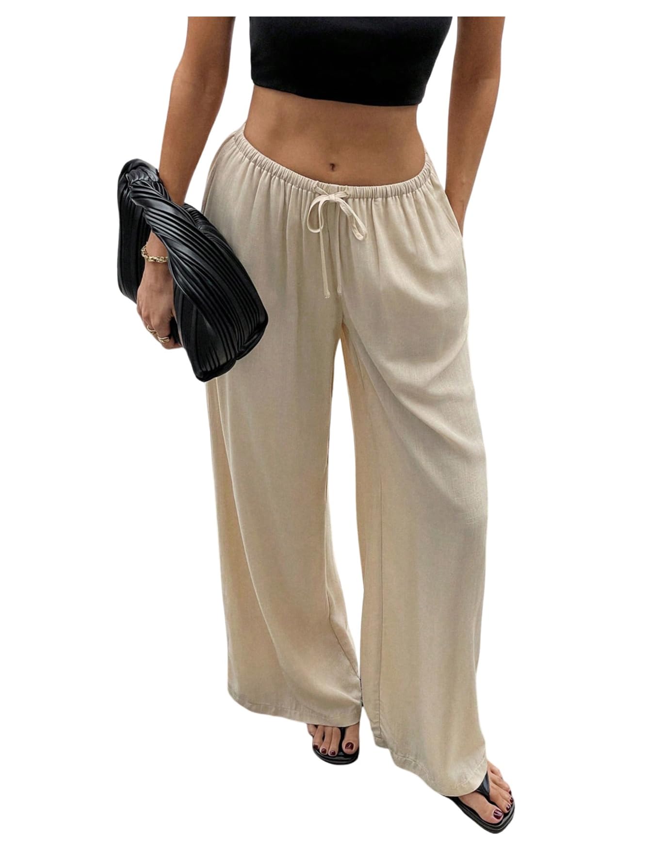SHENHE Womens Summer Linen Low Rise Drawstring Wide Leg Beach Palazzo Pants Trousers