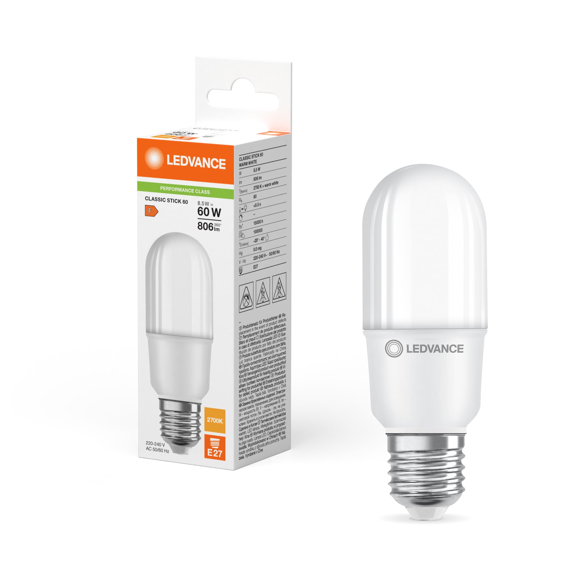 Ledvance LED Classic Stick LED E27 Matt 8 W 806 lm - 827 Extra Warm White Replacement for 60 W