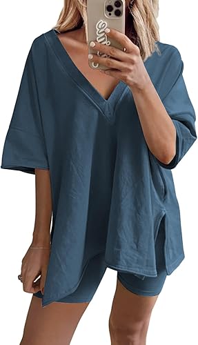 Athlisan Conjunto de 2 piezas de pantalones cortos para mujer de gran tamaño con cuello en V, pantalones cortos de motociclista, conjunto reversible