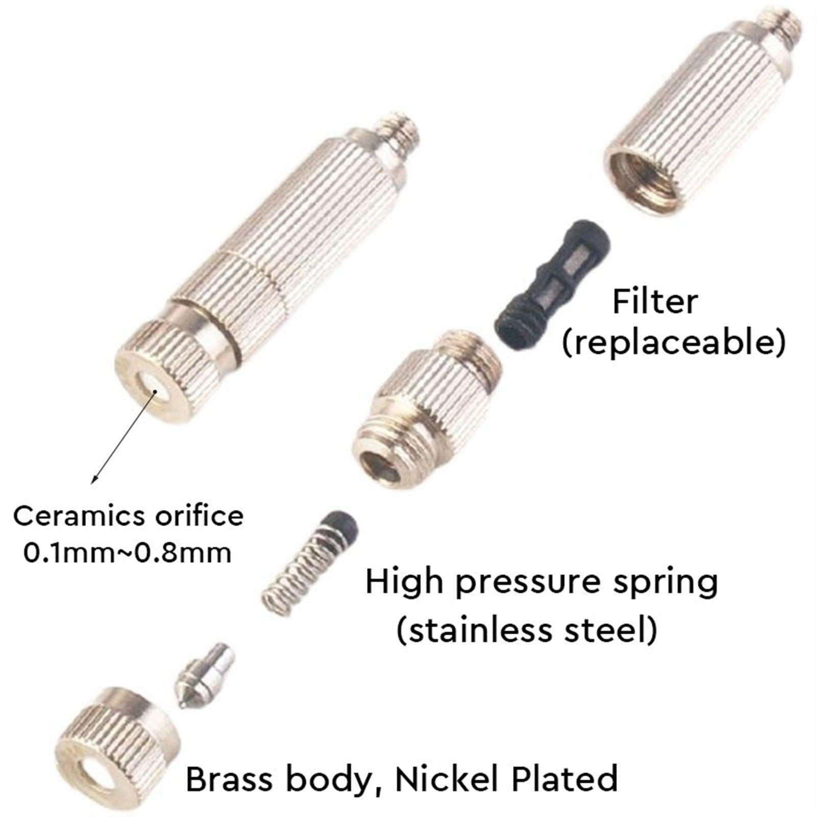 Paquete de 10 boquillas de nebulización de alta presión para sistema de refrigeración, boquillas de latón Mister con extensión de boquilla flexible y conector rápido de 3/8", boquillas de pulverizaci