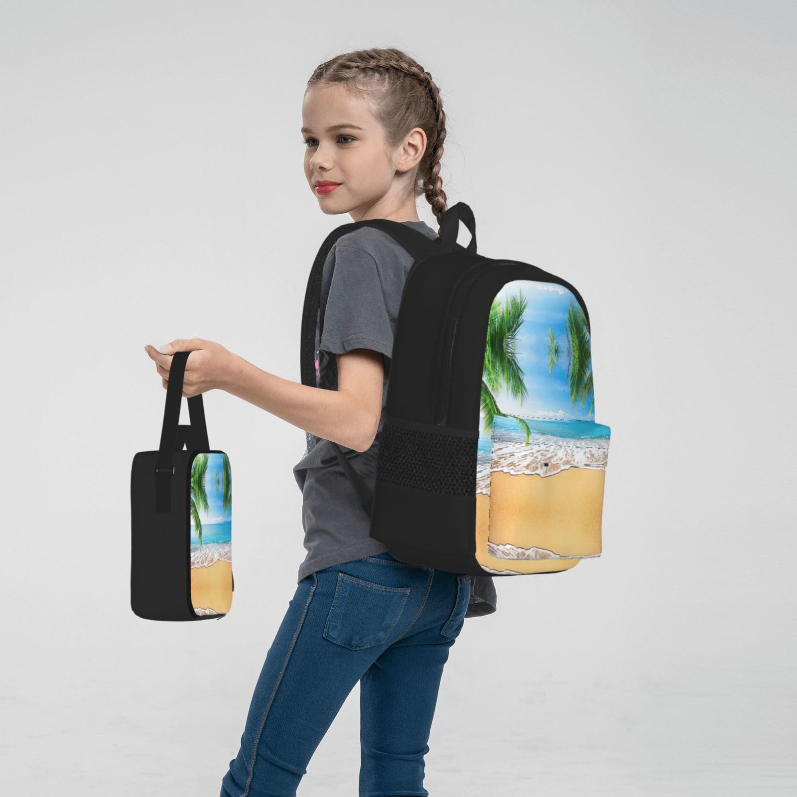 3 szt. ocean morze plaża liście palmowe nadruk plecak szkolny zestaw, duża pojemność, wodoodporny plecak na laptopa z izolowaną torbą na lunch i piórnikiem dla młodzieży gimnazjalnej powrót do
