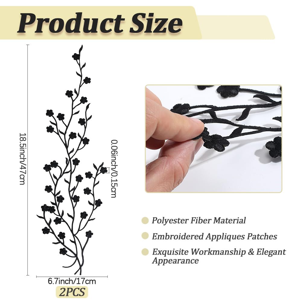2 Patchs Brodés Fleur De Prunier Argent - Applique Autocollante Ou à Coudre, 14,5x46 Cm