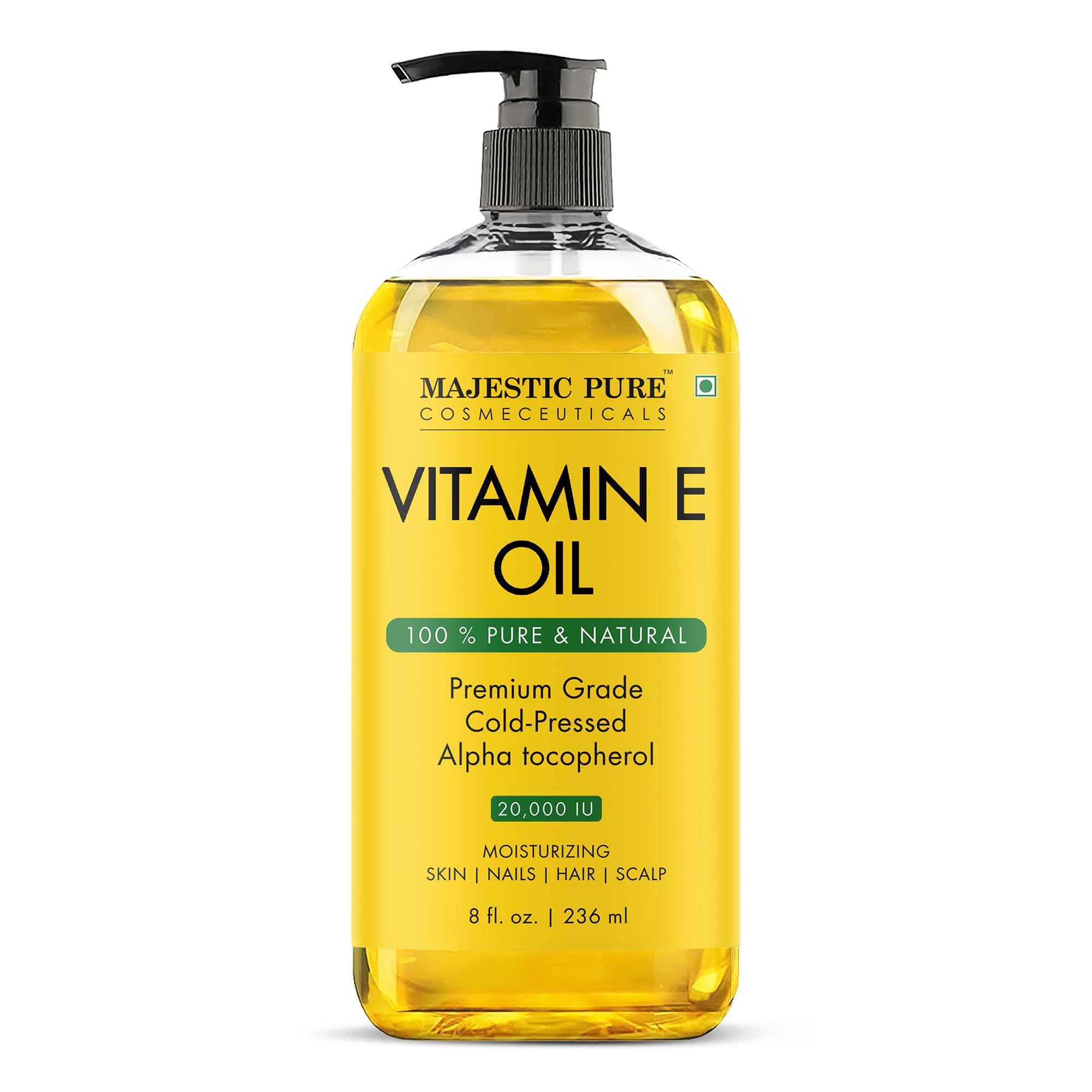 Majestic Pure Vitamin E Oil 8 Oz - 100% Pure 20,000 IU- Cold Pressed & Hexane Free Natural oil for Skin, Face, Hair and Body Oil, Non-GMO Gluten Free Formula