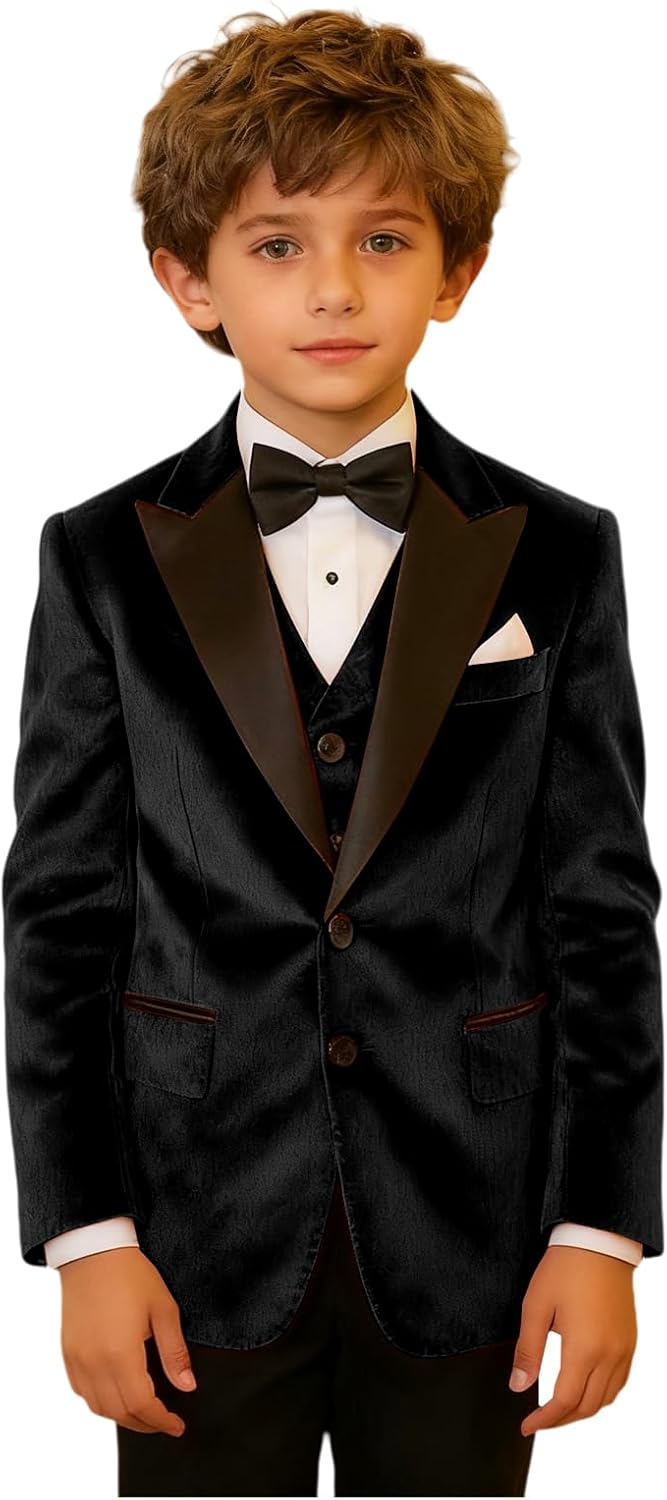Kids Shinny Velvet Suit Blazer Vest Bow Tie Set Boys Formal Wedding Christmas Page Boy Photo Shoot