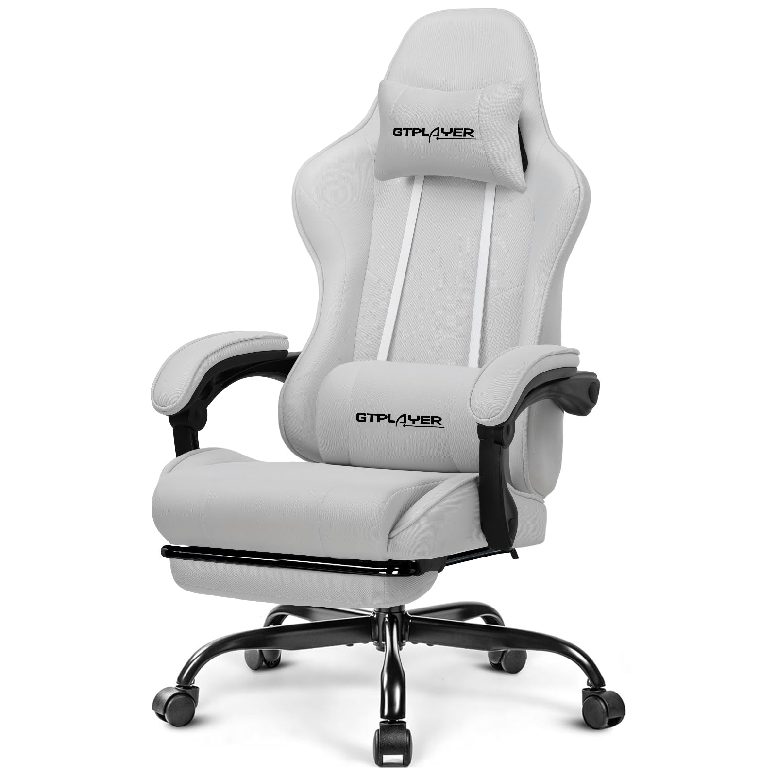 GTPLAYER Gaming Chair, Computer Chair with Footrest and Lumbar Support, Height Adjustable Game Chair with 360°-Swivel Seat and Headrest and for Office or Gaming (All Light Gray-Fabric)