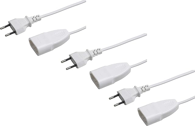 Meister Przedłużacz Euro, 3 sztuki, kabel 3 m, biały, przewód z tworzywa sztucznego, IP20 do wnętrz, idealny do lamp i łańcuchów świetlnych, kabel przedłużający, wtyczka Euro, złącze