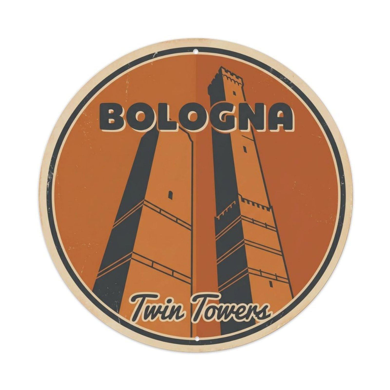 Fqcyn Style Vintage Travel Bologna Towers Italy Metal Tin Sign Plaque Wall Decor For Cafe, Club Bar, Office, Home Garden Round Metal Poster 8X8inch