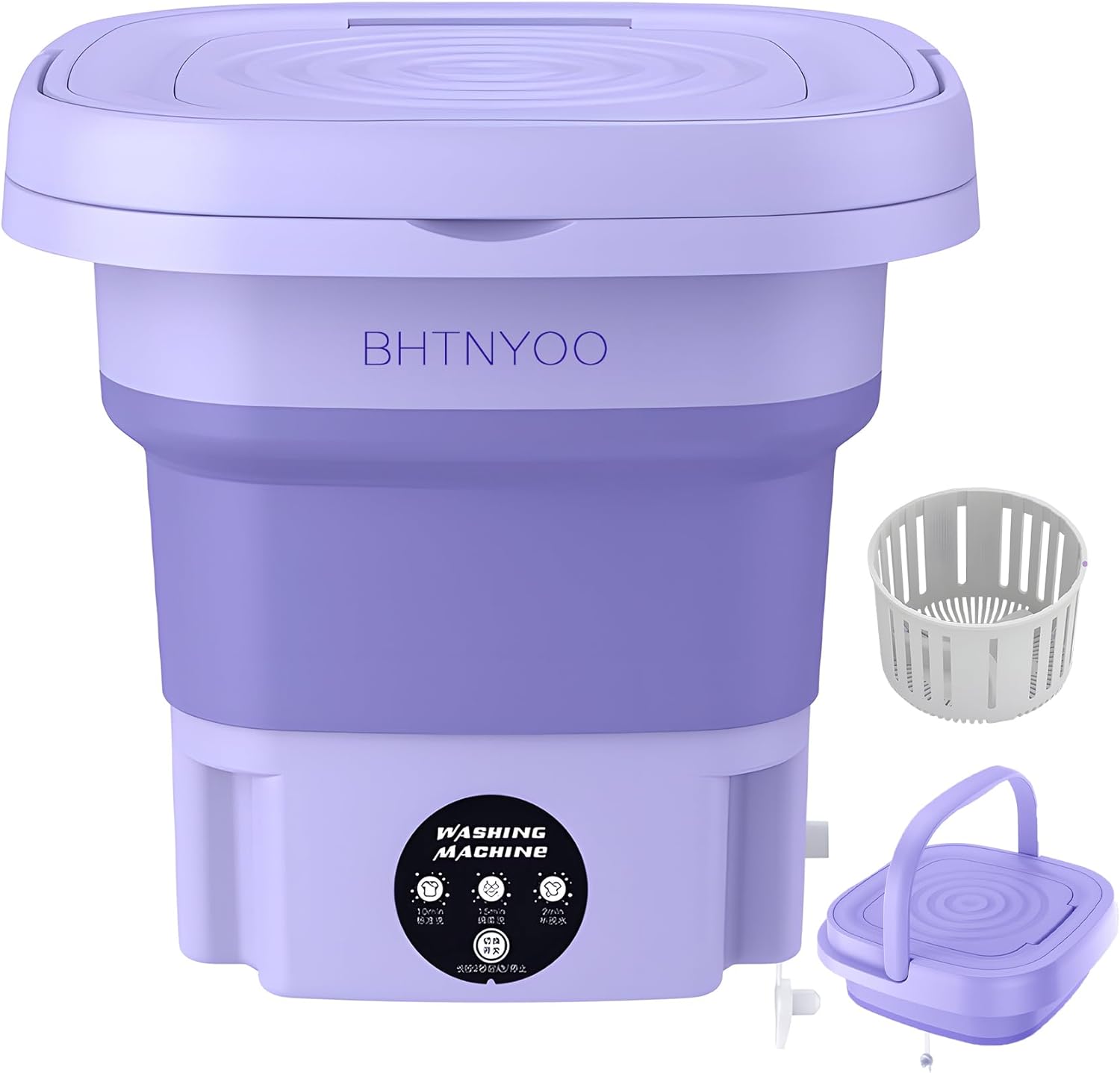 Portable Washing Machine,BHTNYOO Mini Washers Dryers Baby Clothing,underweal,Socks, Small clothes Moving Folding Washers with Drying Basket,for Apartments, Dormitories Touch control(Purple 8L)