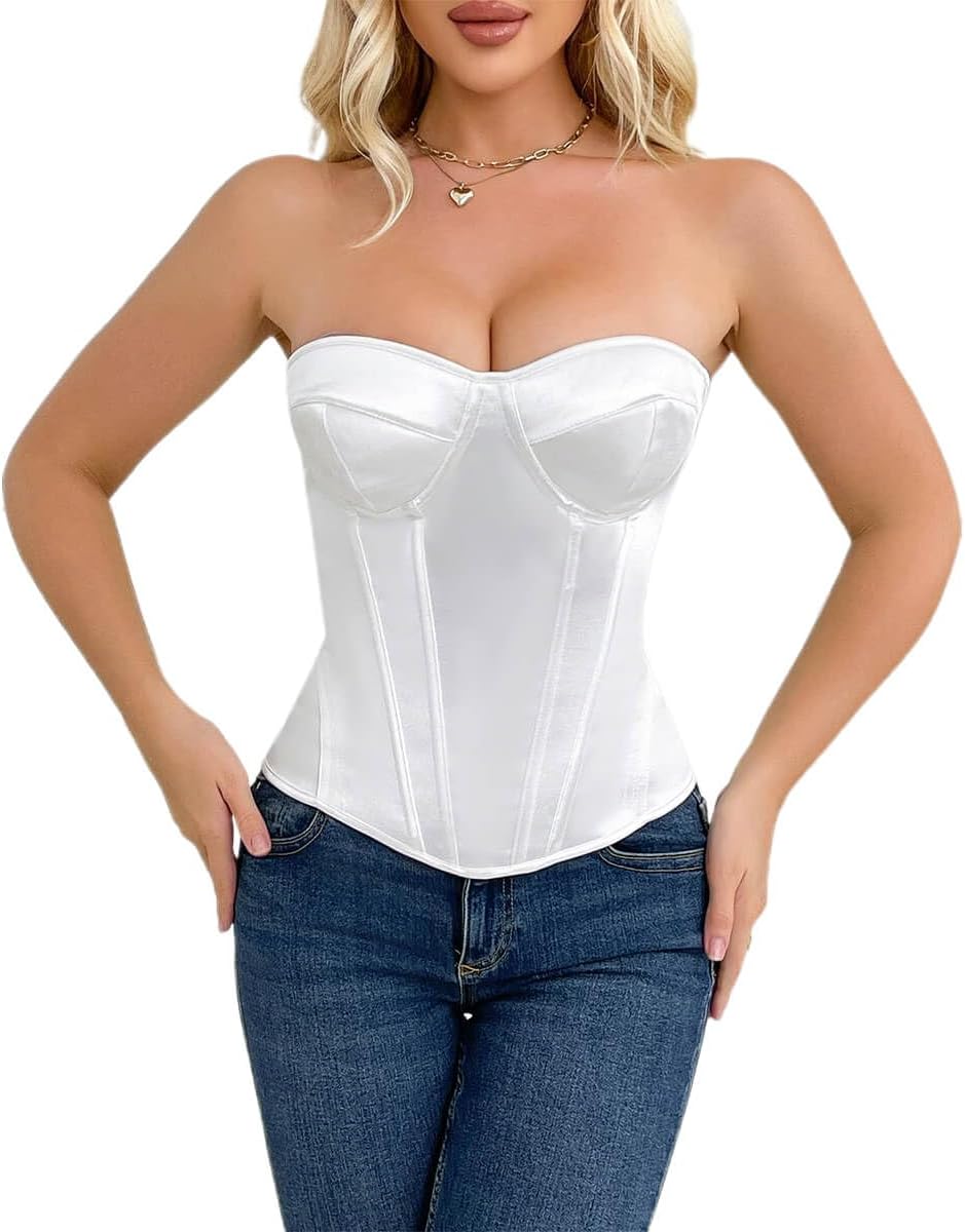 SHYMMUO Satin Corset Tops for Women Strapless Bustier Sweetheart Neckline Boned Bodice Bridal Lingerie Party Clubwear