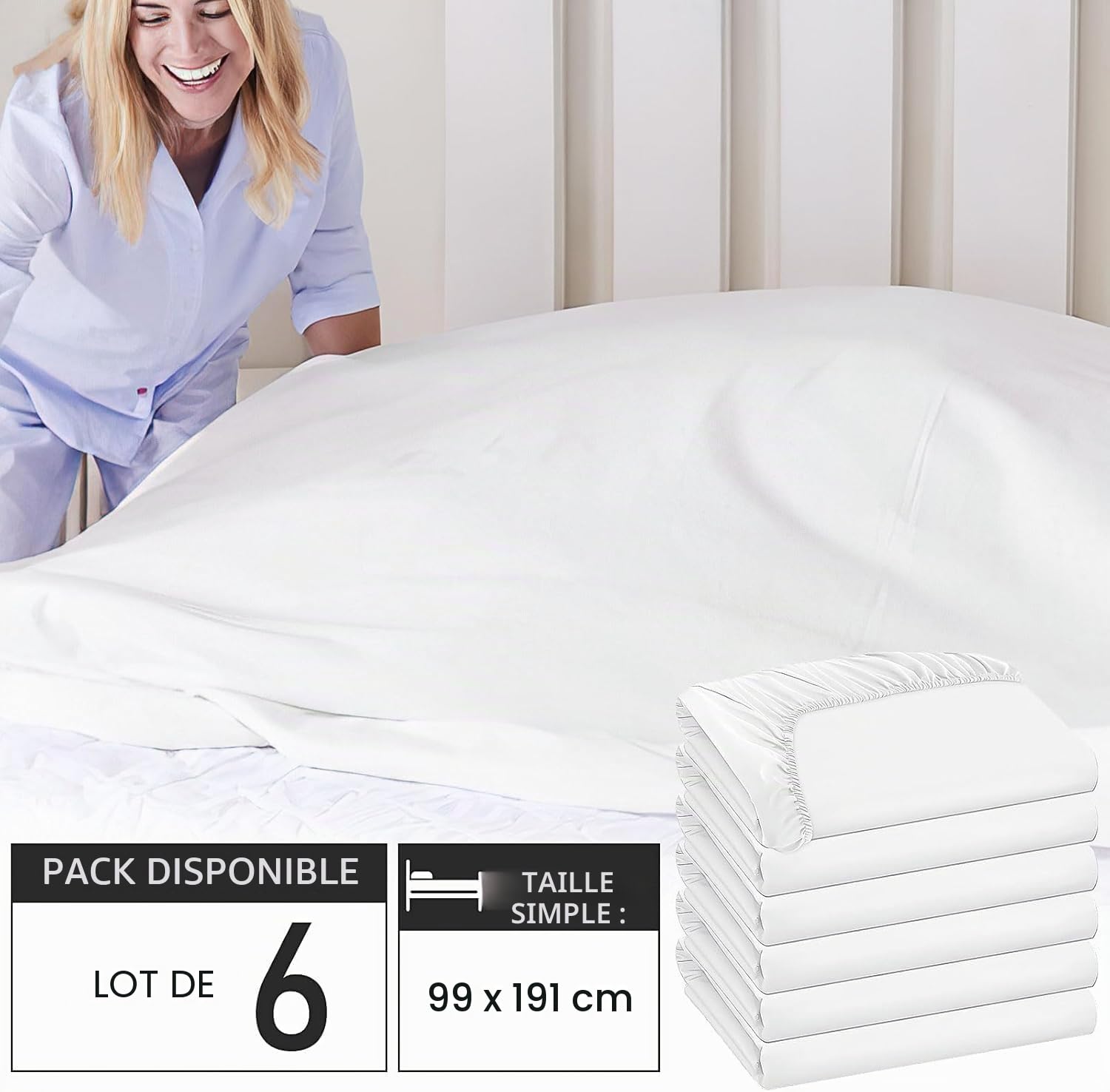 Lot de 6 Draps-Housses Blancs – Taille Twin 39" x 75", Profondeur Jusqu’à 38 cm – Draps Inférieurs en Microfibre Douce pour Maison, Dortoirs, Hôtels, Salons, Hôpitaux (Blanc)