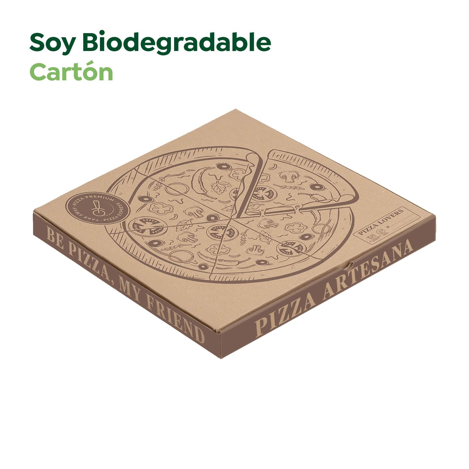 MAXI PRODUCTS - 50 Unidades - Caja para Pizza de Cartón Kraft Decorado para llevar de 26 x 26 x 3,5 cm - Caja Pizza, Take Away, Reciclable,porta pizza, Cierre Seguro, Comida para llevar - FACIL USO
