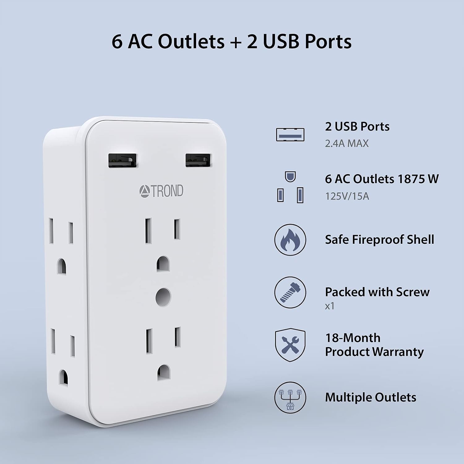Multi Plug Outlet Extender, TROND Outlet Splitter (Non Surge Protection) with 2 USB Charging Ports, 3-Prong Grounded Wall Tap Adapter, ETL Listed, Wall Charger for Home Kitchen Cruise Travel, White