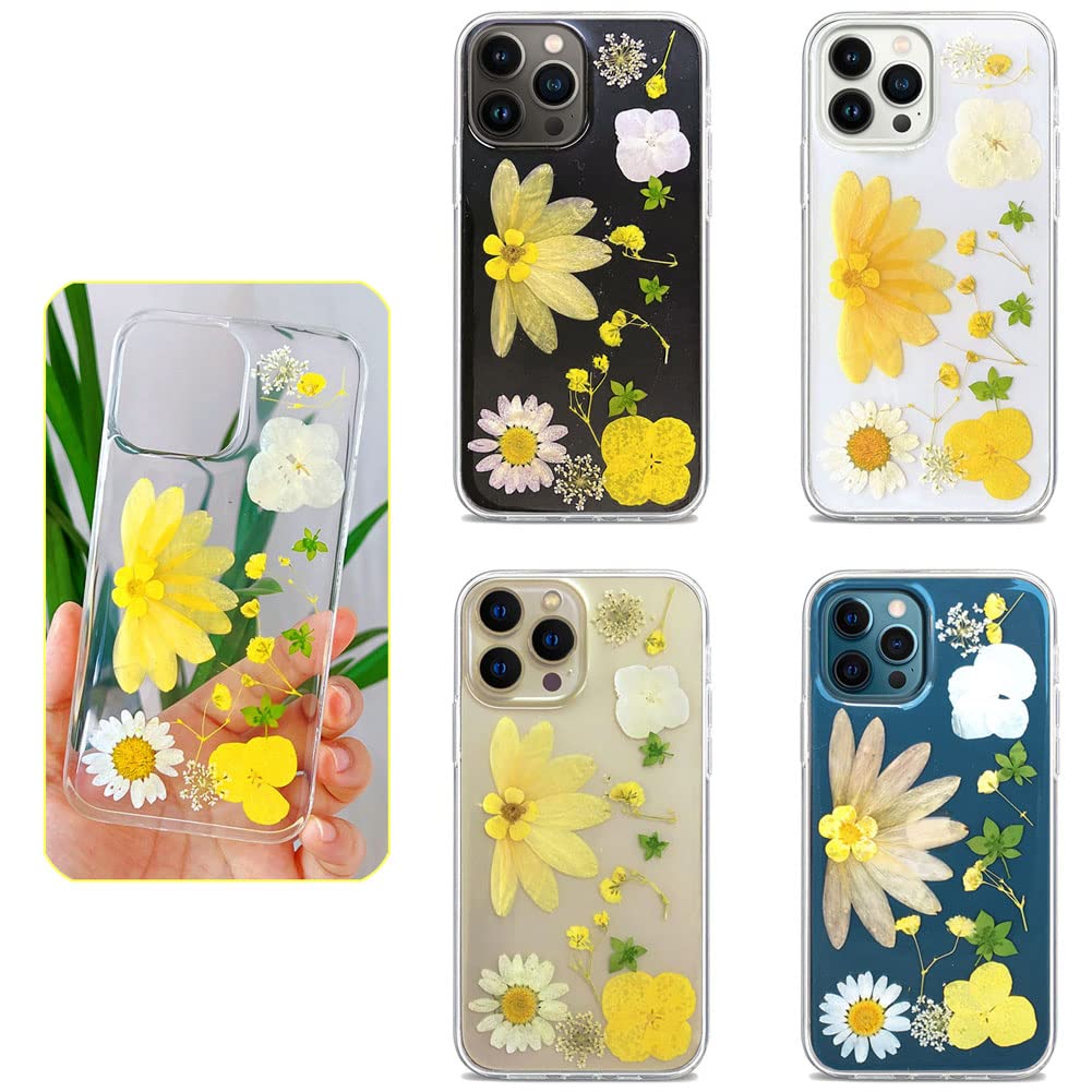 Abbery Custodia per iPhone 12 Pro Max, trasparente con veri fiori secchi, motivo glitterato, sottile in silicone trasparente, per donne e ragazze (fiori gialli