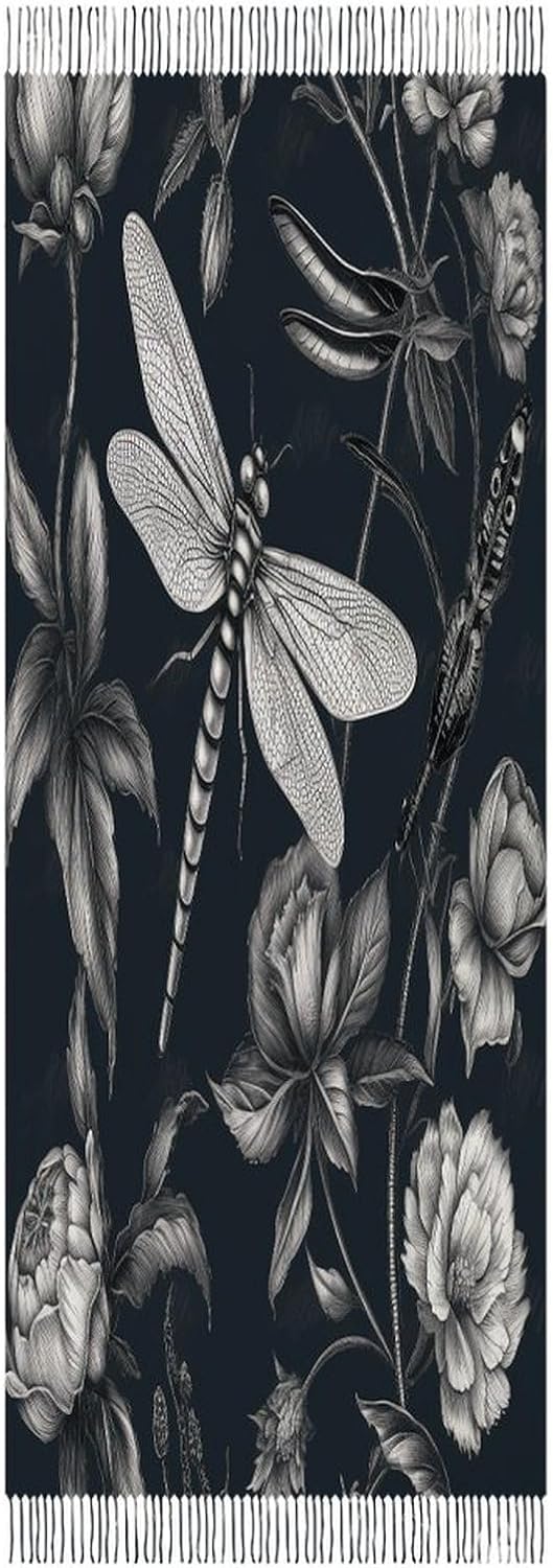 Black Flowers And Dragonfly Scarf for Women Men Classic Fashion Blanket Scarves Soft Cashmere Feel Scarf Cold Weather Warm Long Shawl Winter Large Scarves Classic Blanket Scarfs Thick
