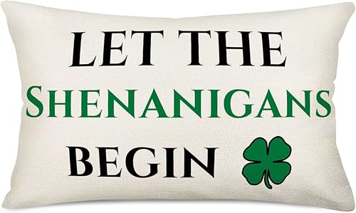 Easternproject Fundas de almohada para el Día de San Patricio Let The Shenanigans Begin de 12 x 20 pulgadas trébol de la suerte verde decoración del
