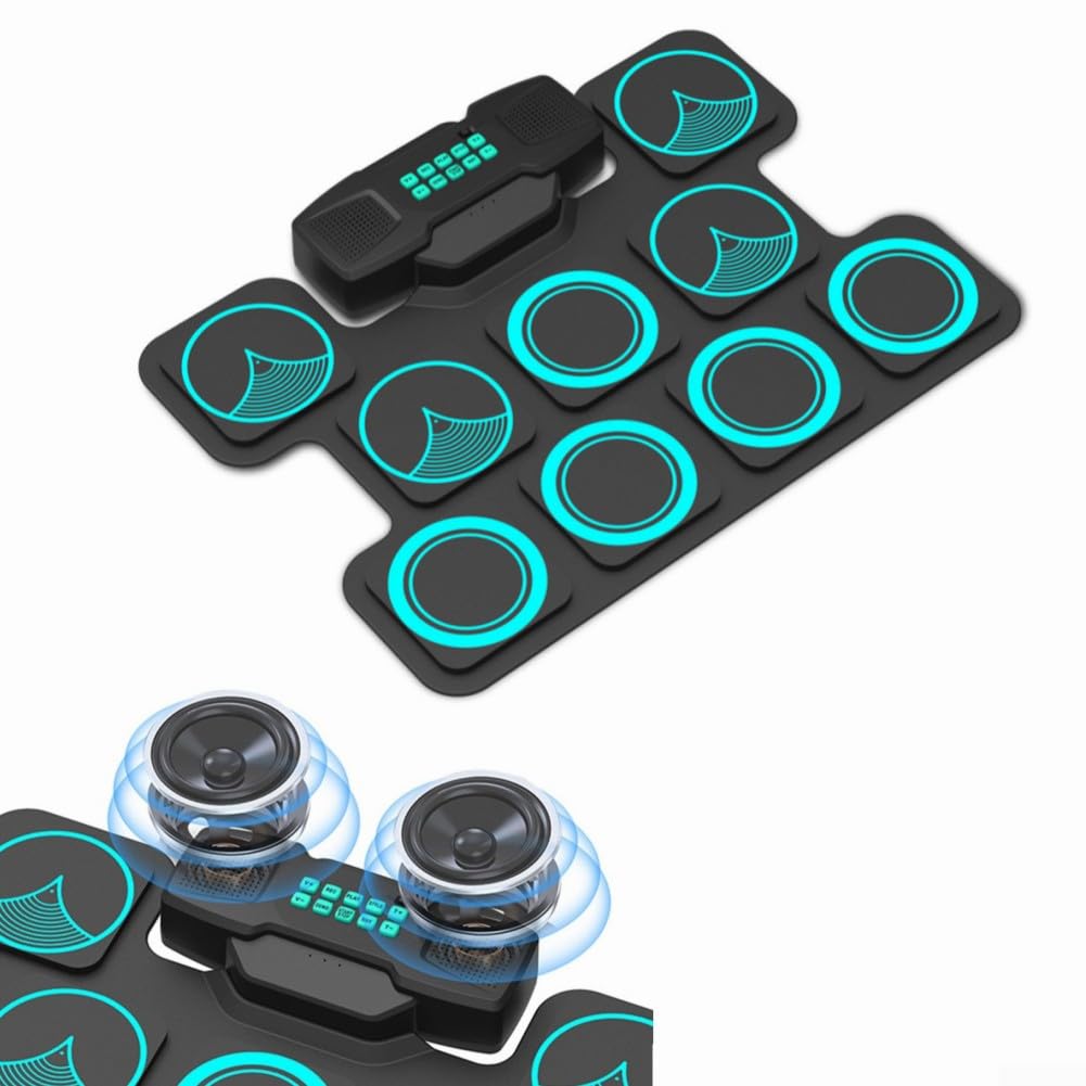 Schlagzeug Elektronisch with 9 Pads, Elektronisches Schlagzeug-Set Roll Up Leises Drum-Pad mit eingebautem Lautsprecher, mit 2 Fußpedalen & USB für Kinder und Anfänger