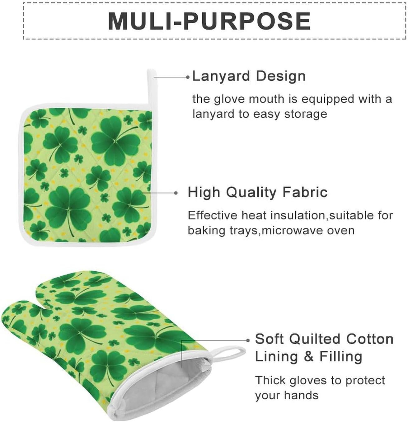 St. Patrick's Day Shamrocks Clovers Print Oven Mitts and Pot Holders 3 Piece Sets Heat Resistant Gloves Hot Pads Potholders for Kitchen Baking Cooking