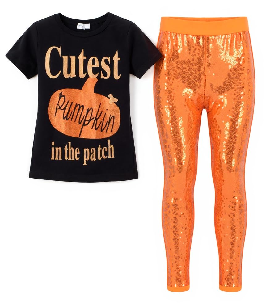 Image of Unique Baby 2 Piece Girls Printed Leggings Outfit with Short Sleeve Shirt Kid and Toddler Clothes Set
