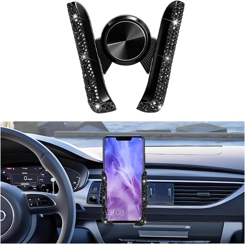 Guilcam Rhinestone 360° Rotating Air Vent Phone Holder, Black