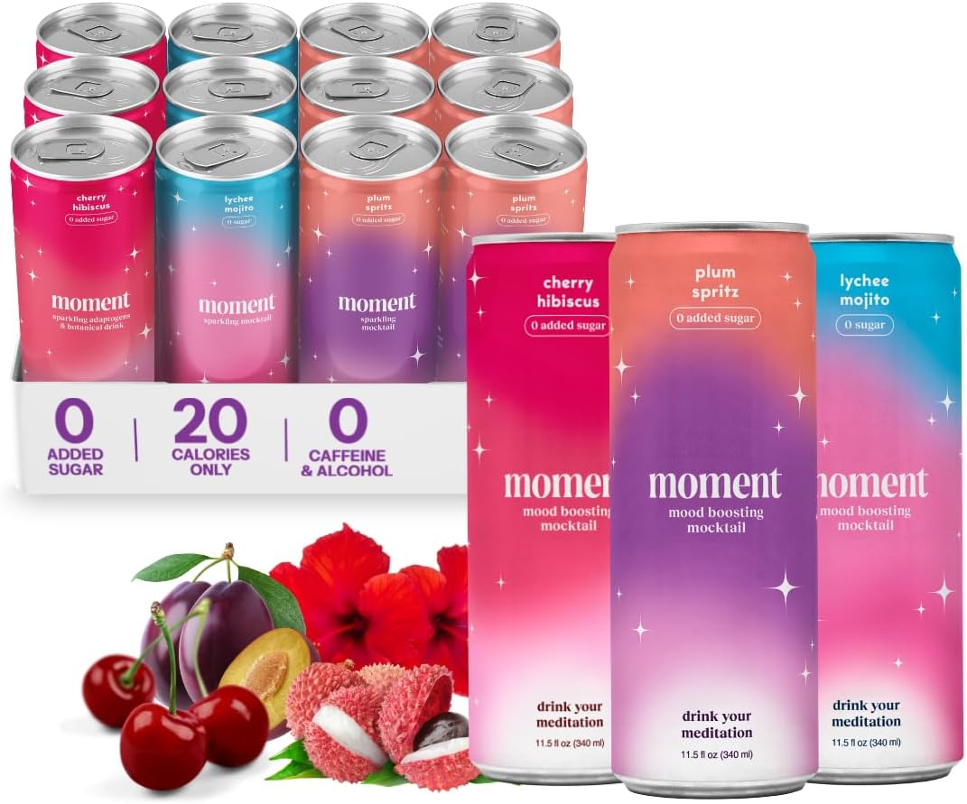 Moment Mocktails Non-Alcoholic Drinks (Shark Tank) - Calm, Clarity & Relaxation with L-Theanine & Ashwagandha - Sparkling Adaptogen Drink - 0 Sugar 0 Caffeine - 12 Pack 11.5 fl oz - Mocktails