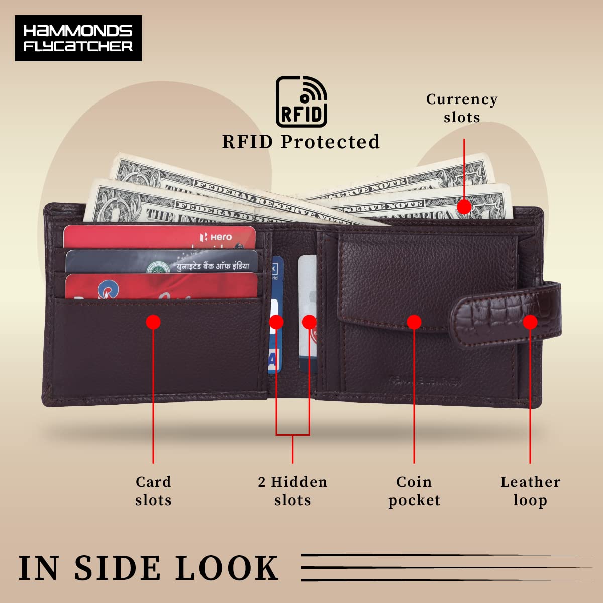 Hammonds Flycatcher RFID Protected Men's Wallet - Brown Nappa Leather, 5 Card Slots, Coin Pocket, Hidden Compartments