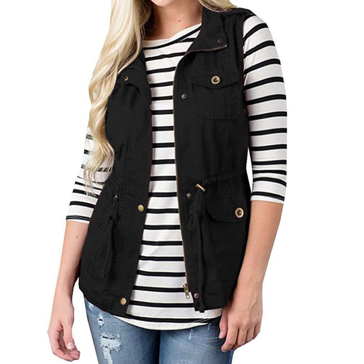 Minetom Femmes Poches Fonctionnelles Cordon De Serrage Taille Gilet Cargo Veste Sans Manches Blouson Reporter Travail Camping Randonnée Outwear