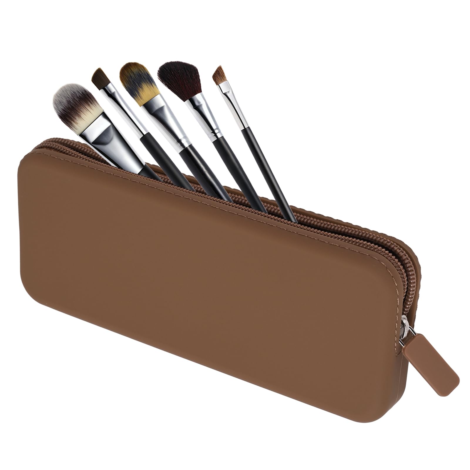 Sakolla Travel Makeup Brush Holder, Silicone Makeup Bag with Zipper Pouch Holder Case for Organizing Cosmetics Pencils Daily Work（brown）
