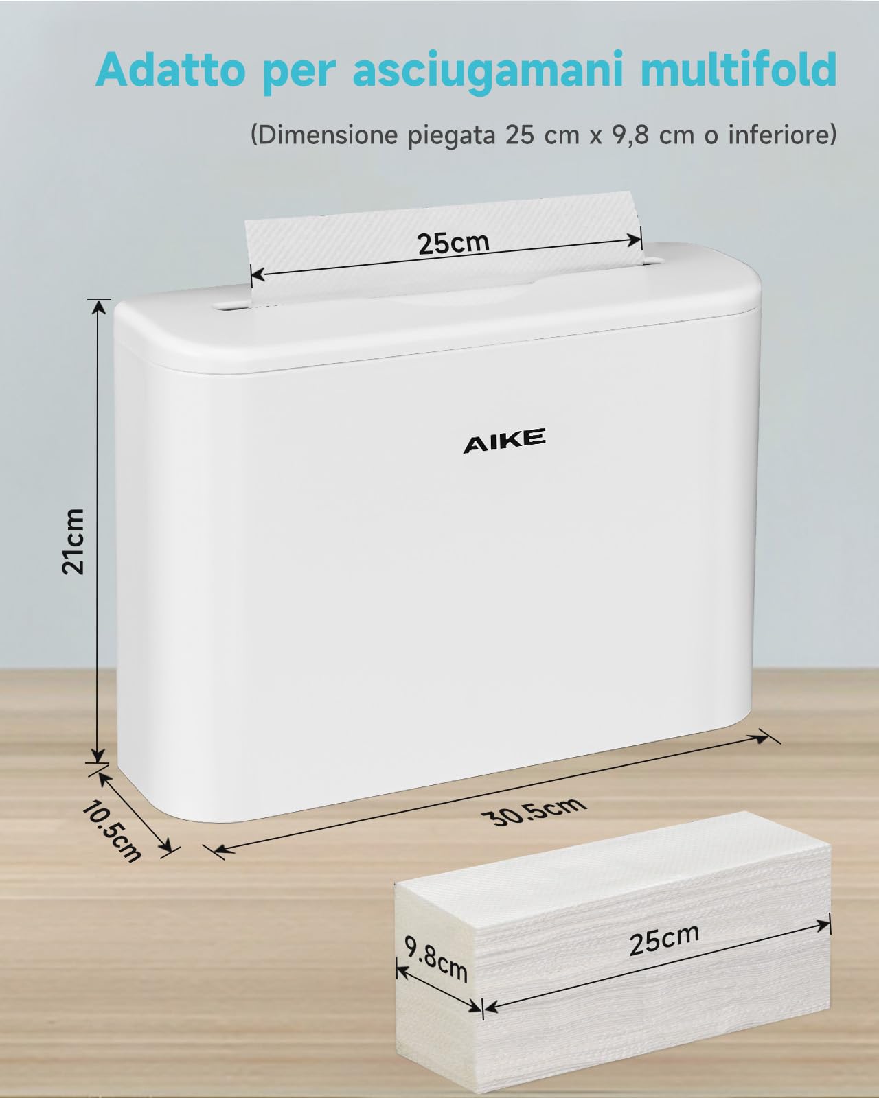 AIKE Dispenser Carta Asciugaman per Z-Fold & Multi-piega 25 x 9,8 cm | 200+ Fogli, Design Compatto per Posizionamento Flessibile, Cuscinetti Adesivi Antiscivolo, Superfici Facili da Pulire