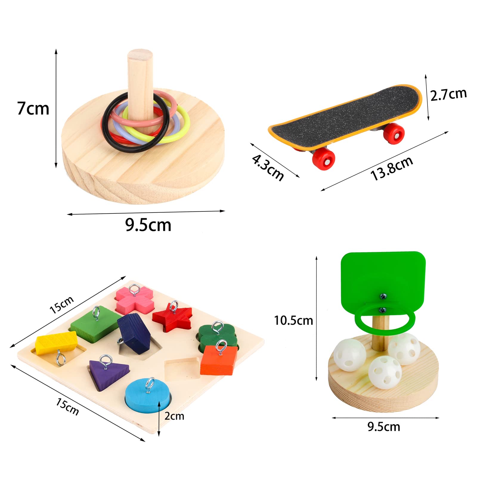 Set di 4 Giocattoli Pappagalli Giochi da Addestramento per Uccelli Pappagallino Ondulato - Scooter Basket Anello Impilabile Riconoscimento dei Blocchi di Legno Giocattolo per Calopsitta