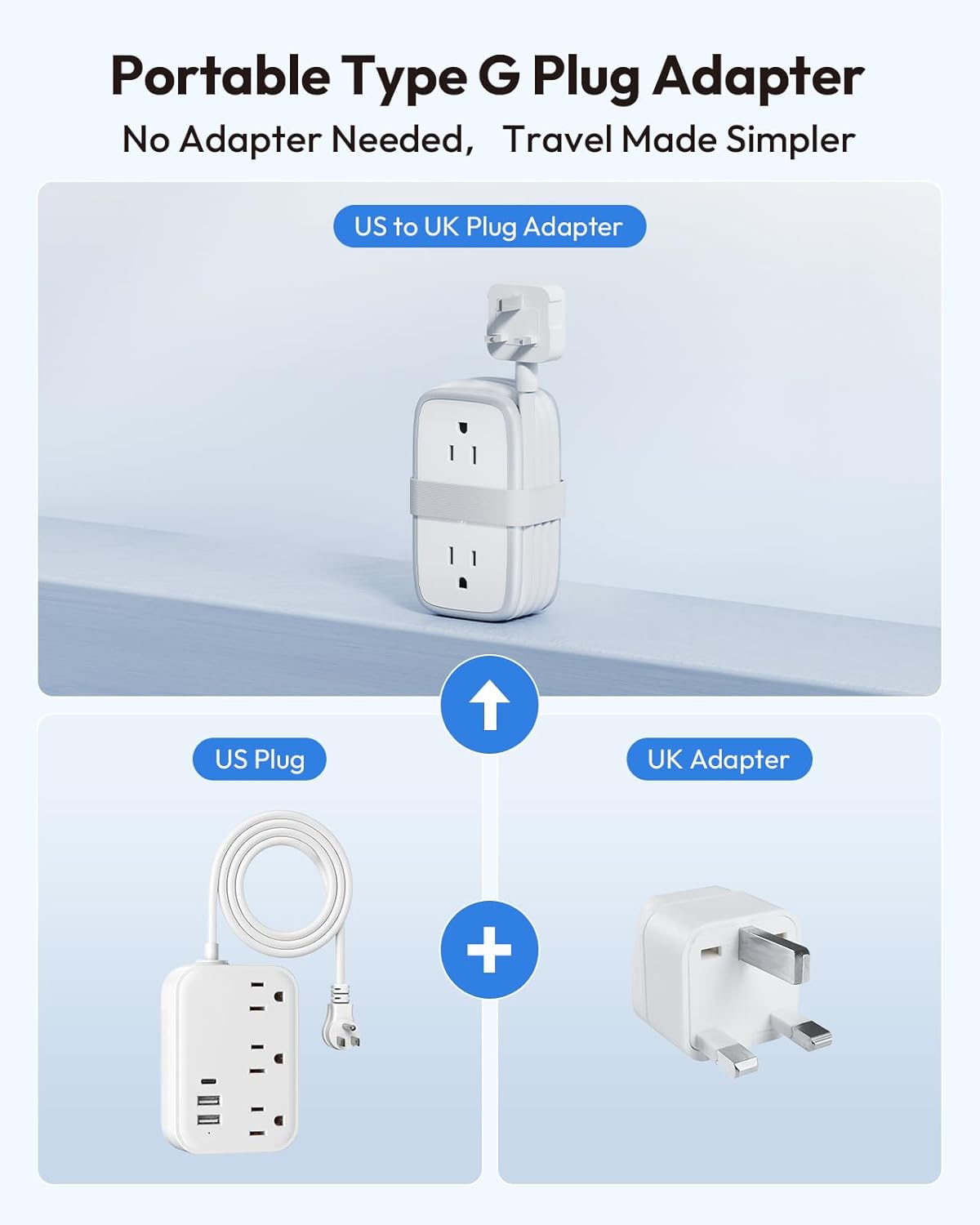 NTONPOWER UK Adapters for Travel, Type G Adapter for Travel with 4 Outlets 3 USB(1USB C) Ports,4FT Wrapped Around Extension Cord,US to UK Plug Adapter for Ireland Scotland Singapore Hong Kong