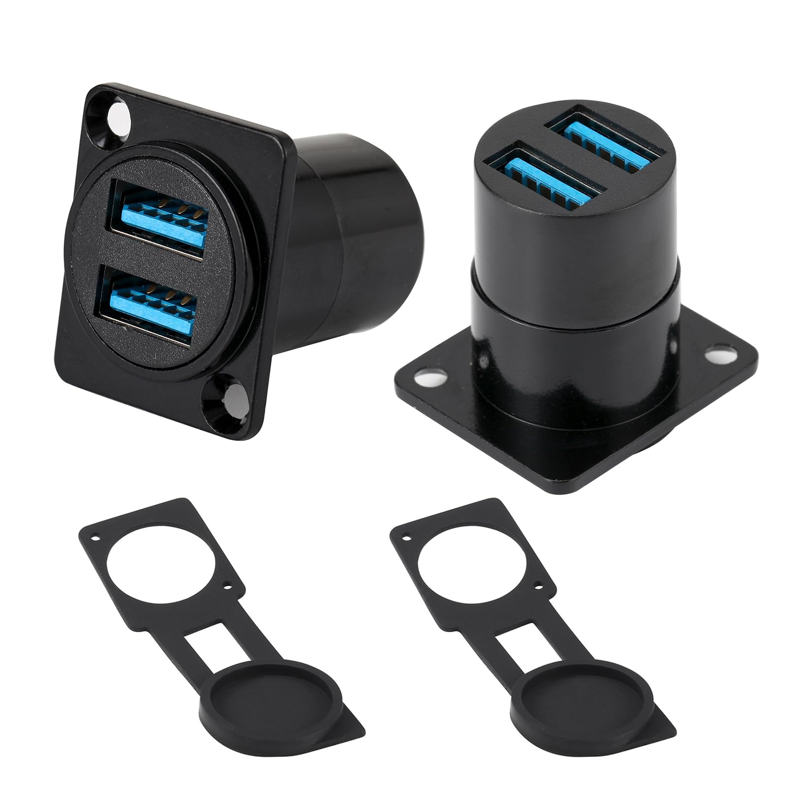 ANMBEST 2PCS Dual USB3.0 Panel Mount Connector, 2 Ports O-Type Female to Female USB Pass Through Bulkhead Coupler Adapter with Weatherproof Dust Cap