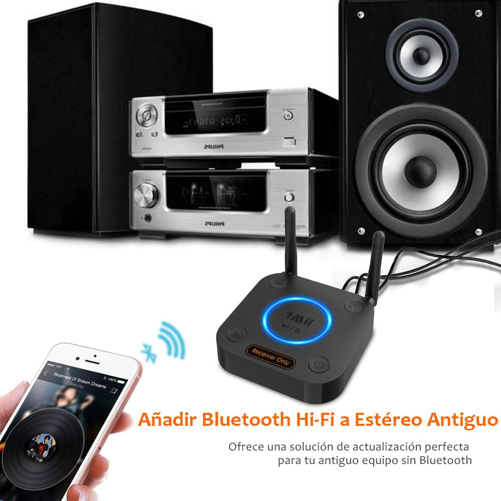 1Mii Receptor Bluetooth 5.3 HiFi, Adaptador Audio Bluetooth Control Volumen, Salida Óptica AUX 3.5mm, Coaxial, 3D Surround con aptX LL de Baja Latencia para Altavoces, Estéreo Hogar, Largo Alcance