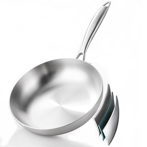 DELARLO Tri-Ply Stainless Steel Frying Pan 8' kitchen skillet | Stainless Steel Pan Cooking Heat fast and evenly Compati