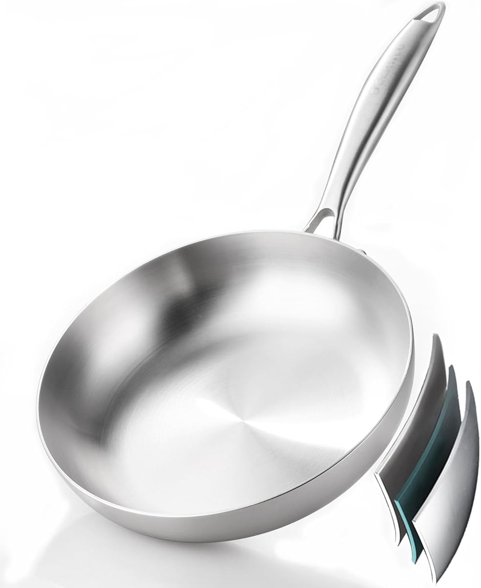 DELARLO Whole body Tri-Ply Stainless Steel 8inch Small Frying Pan, Chef's Pans Oven safe induction kitchen skillet,Suitable for All Stove (Detachable Handle)