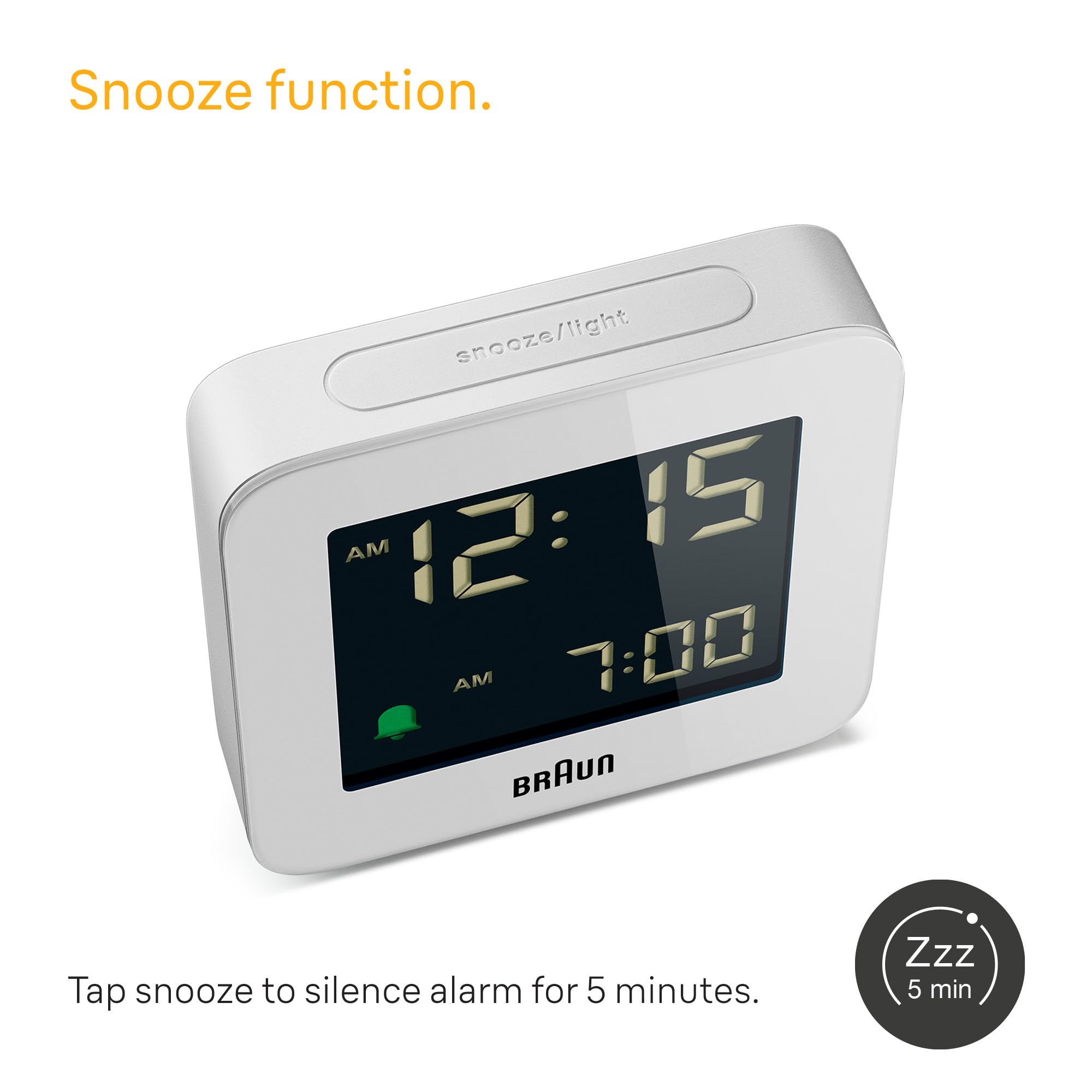 Braun Cyfrowy budzik z funkcją drzemki, negatywny wyświetlacz LCD, funkcja szybkiego ustawiania, alarm Crescendo w kolorze białym, model BC09W.