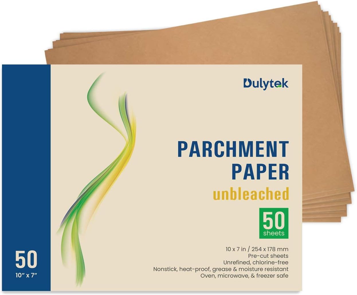 Dulytek Pre-Cut Unbleached Parchment Paper - 10" x 7" - Slick Silicone Coating, Chlorine-Free [ 50-Sheet ]