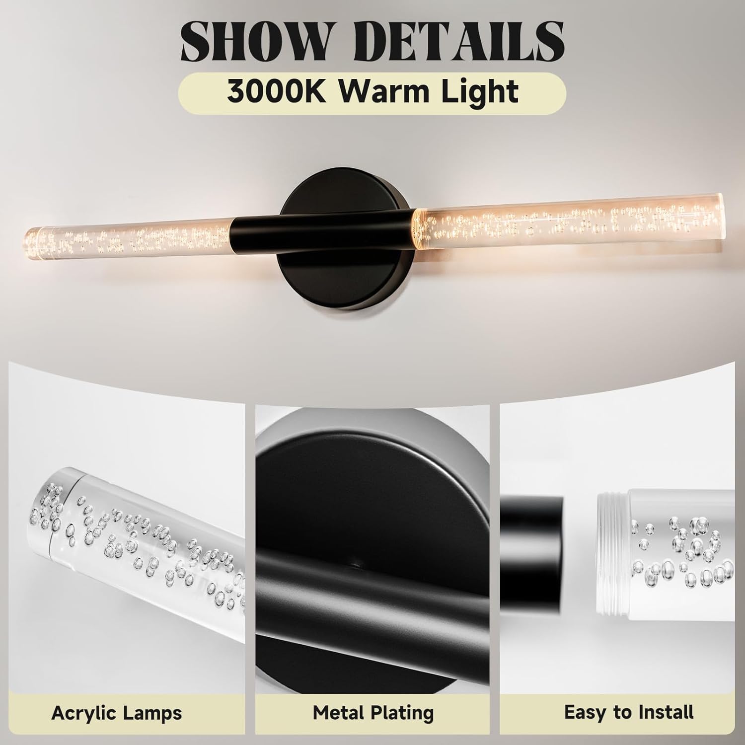 LED Bathroom Vanity Lights,24 inch Bathroom Light Fixtures Over Mirror,3000K Natural Warm Light, ETL＆UL Listed, Modern Wall Sconce for Bedroom,Living Room,Hallway,Black