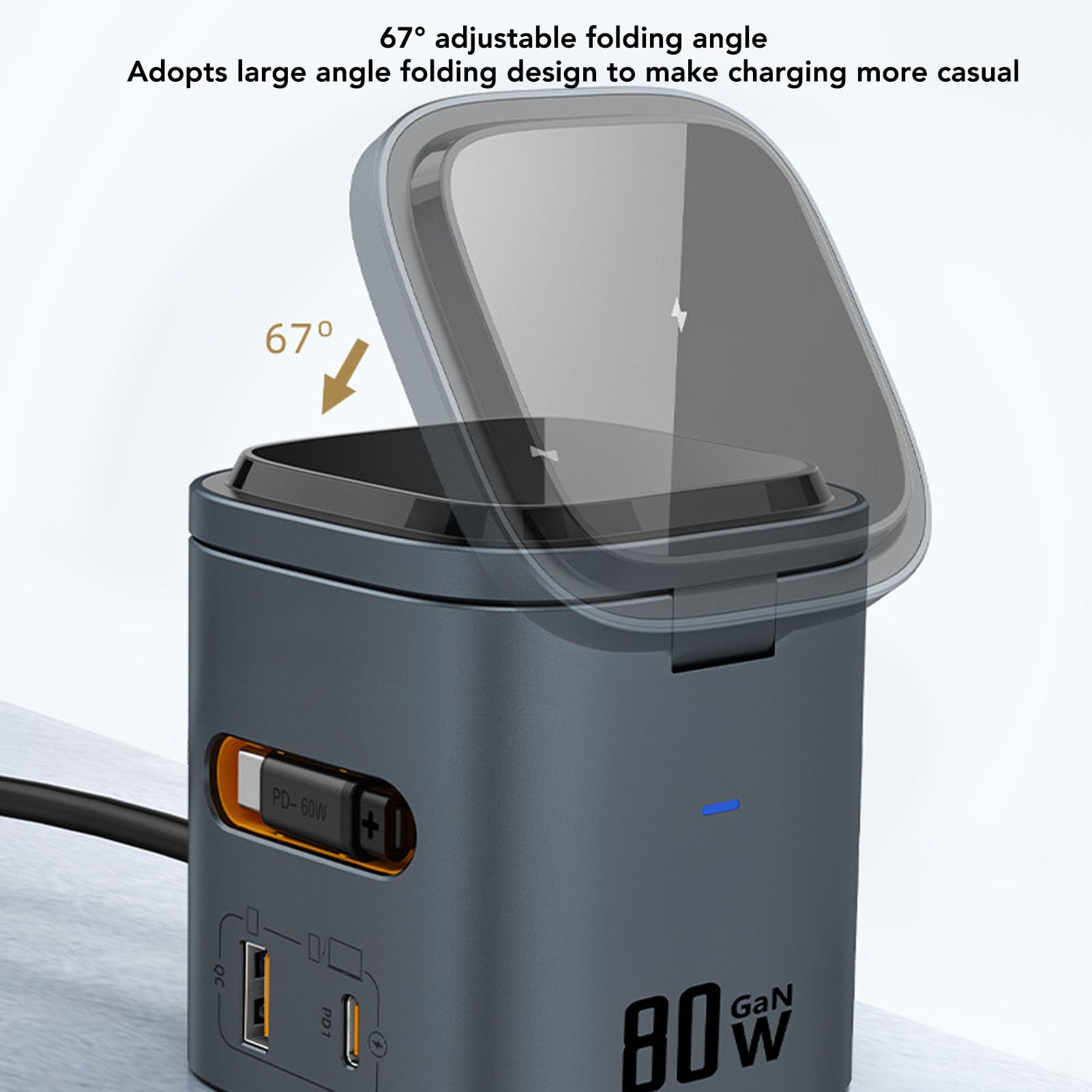 Gugxiom Stazione di ricarica wireless GaN, 80 W PD supporto di ricarica rapida con cavo retrattile, per telefoni portatili e dispositivi multipli (spina USA)